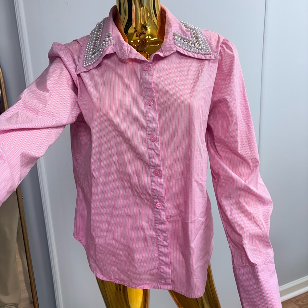 Pink Striped Button-Up Shirt with Pearl Collar